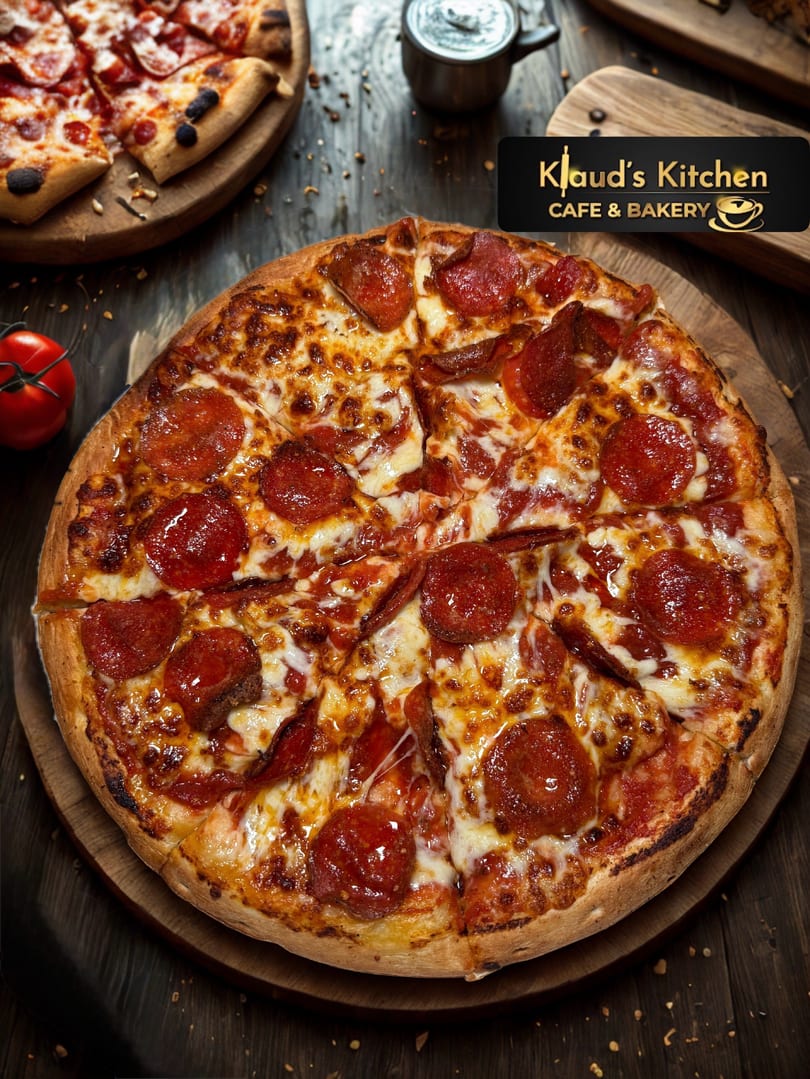 A delicious pepperoni pizza with melted cheese and a crispy crust on a wooden board.